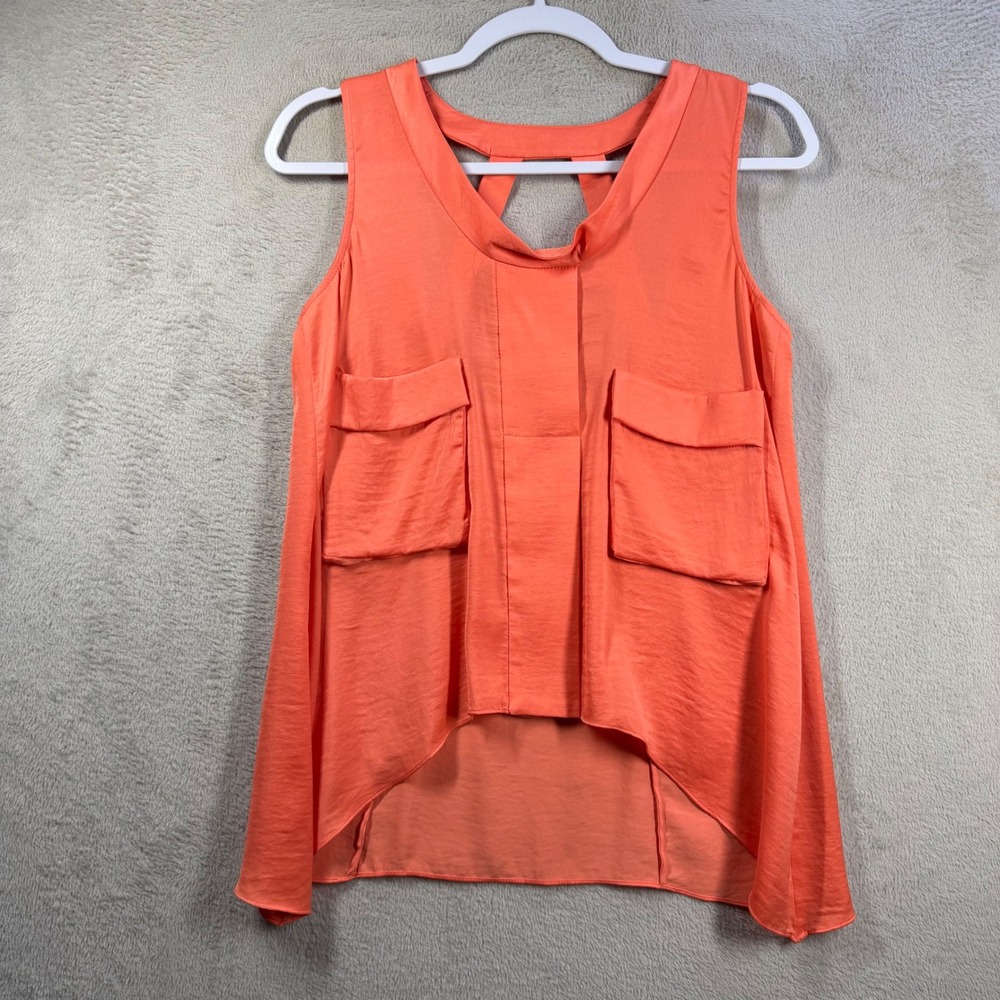 BCBGMAXAZRIA Tank Top Women XS Orange Satin High Low Strappy Back Cargo Pocket